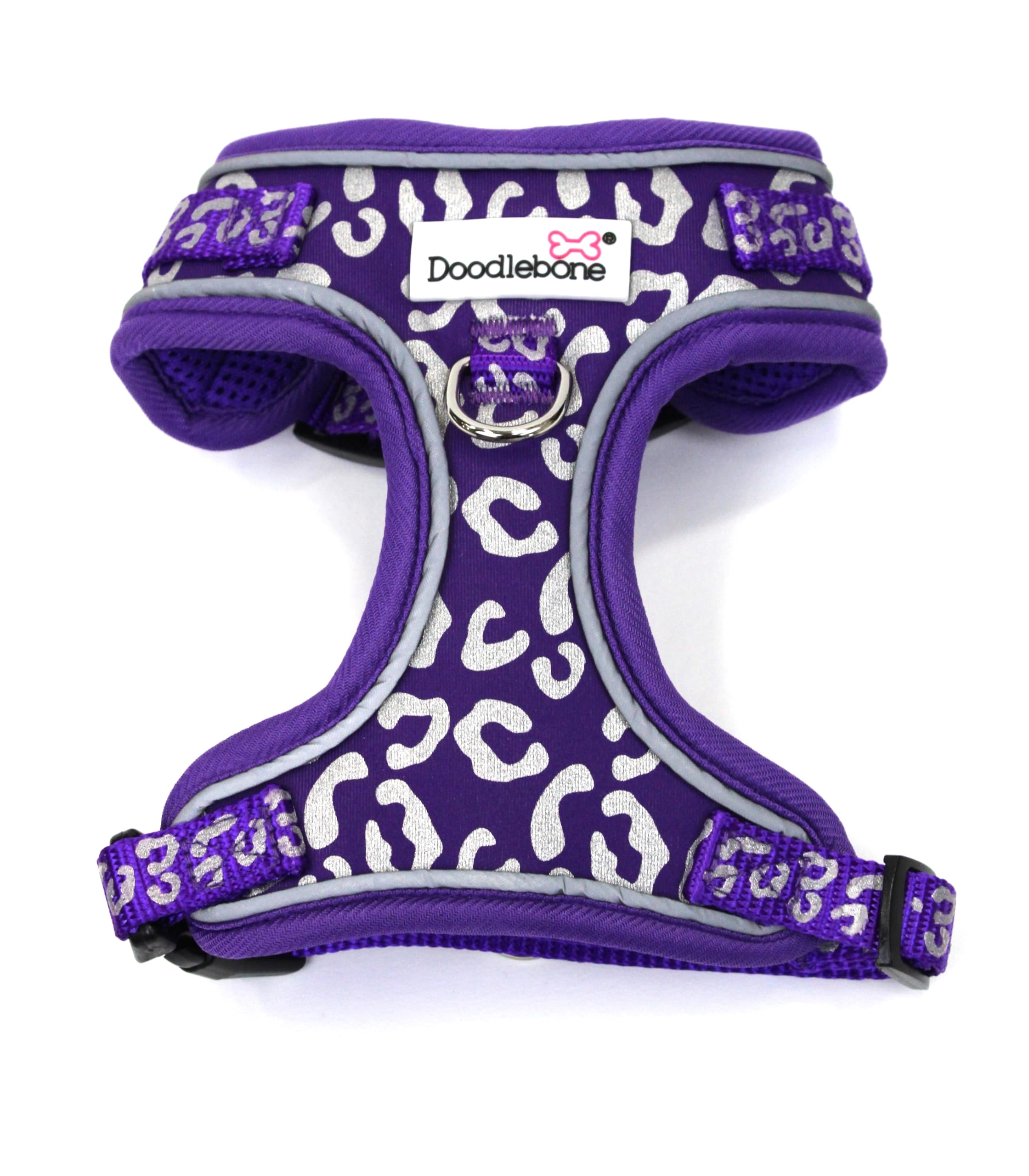 Doodlebone - Adjustable Airmesh Harness - Over Head Dog Harness with Adjustable Neck and Chest, Dual D Rings, Breathable Mesh and Reflective Trim for Walkies - Size 6-9 - Violet Leopard Reflective — image 1