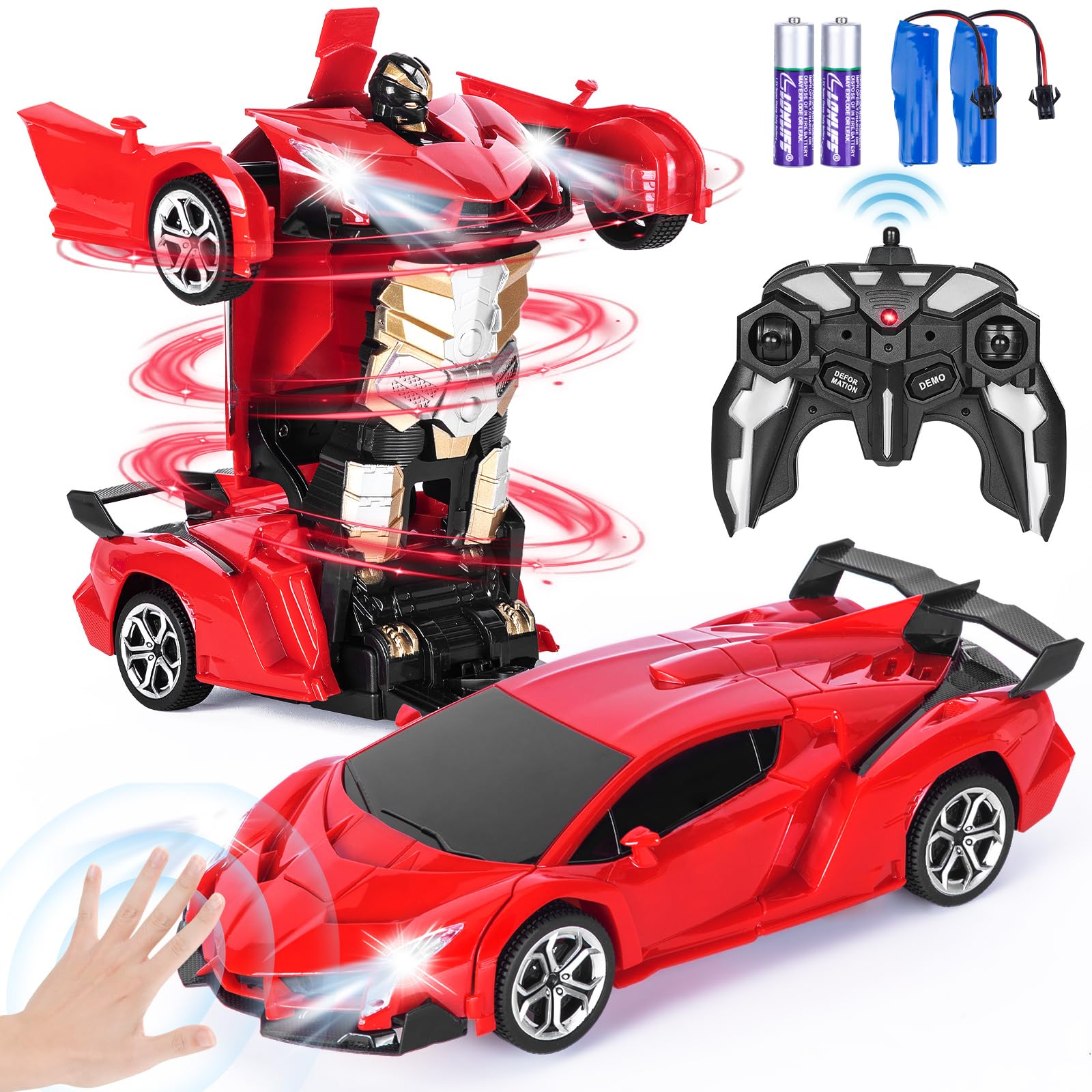 Highttoy Transforming RC Car with Hand Gesture Sensing, Lights & Music, 360° Rotation 2.4GHz 1:18 Remote Control Car Robot Toys Gifts for 3+ Year Old Boys Girls, Red