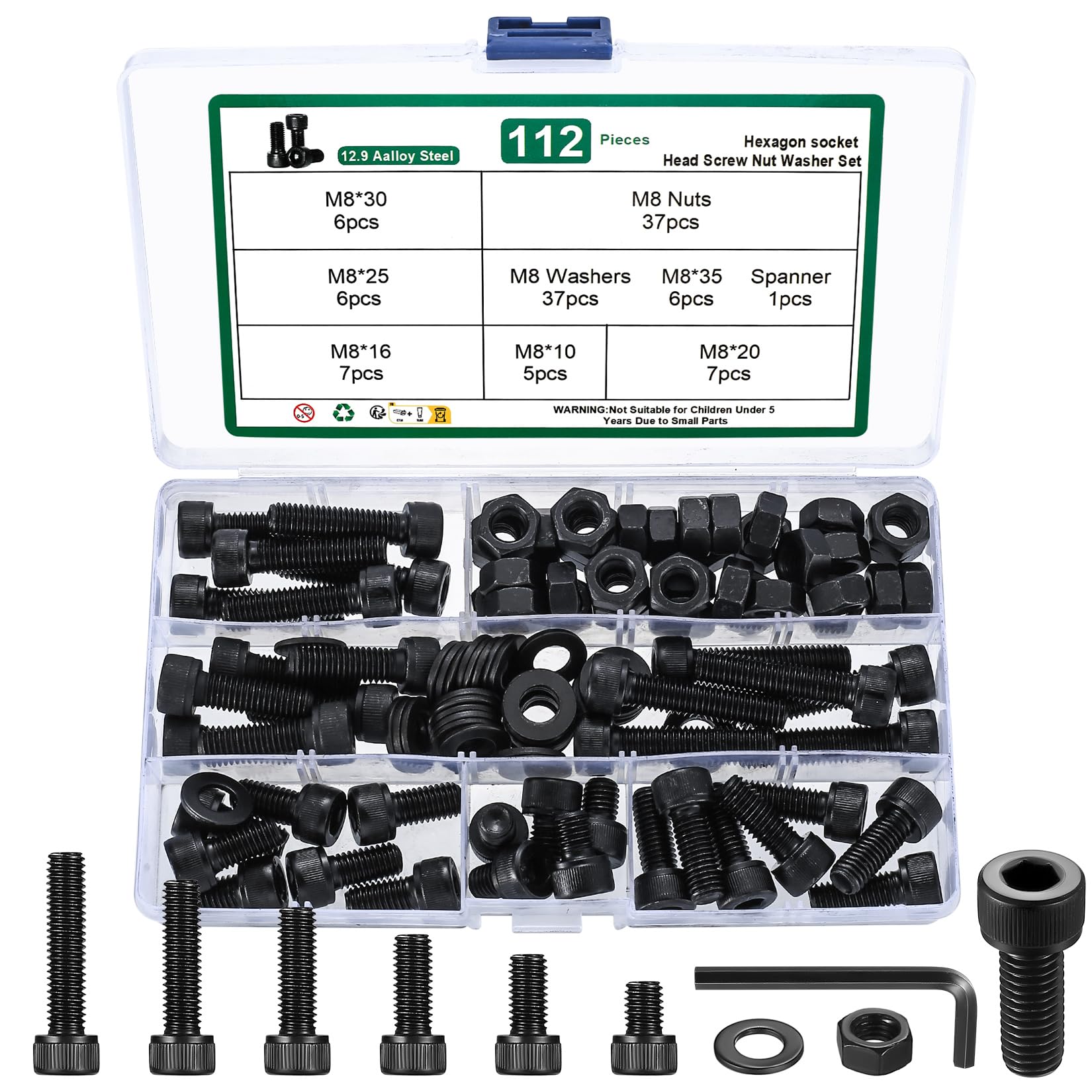 Photo 1 of 112 Pcs M8 Metric Screw Set, M8 Hex Socket Head Cap Screws Nuts and Washers Assortment Kit, Metric Bolts and Nuts Kit, 12.9 Carbon Steel Black Assorted Machine Screw Assortment Kit