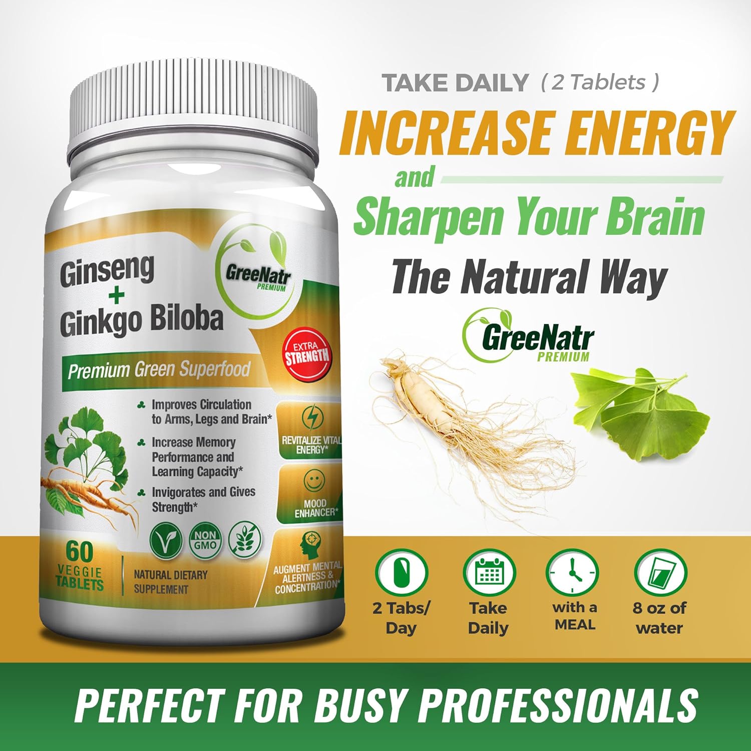 Panax Ginseng + Ginkgo Biloba Tablets – Premium Non-GMO/Veggie Superfood – Traditional Energy Booster and Brain Sharpener – Unique Twin Supplement Combines Ginseng and Ginkgo Biloba (3 Pack): Health & Personal Care