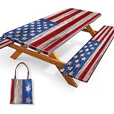 FIVZHH Picnic Table Cover with Bench Cover 6FT Fitted Outdoor Tablecloth | American Flag,Camping Essentials,Elastic Rectangle Table Cloth,Waterproof ,Windproof,3pcs