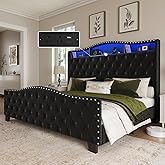 Belffin King Size Bed Frame and Headboard, 50.9" Velvet Upholstered Wingback Bedframe with LED Lights & Storage/Charging Station, Button Tufted Tall Footboard, No Box Spring Needed, Noise-Free, Black