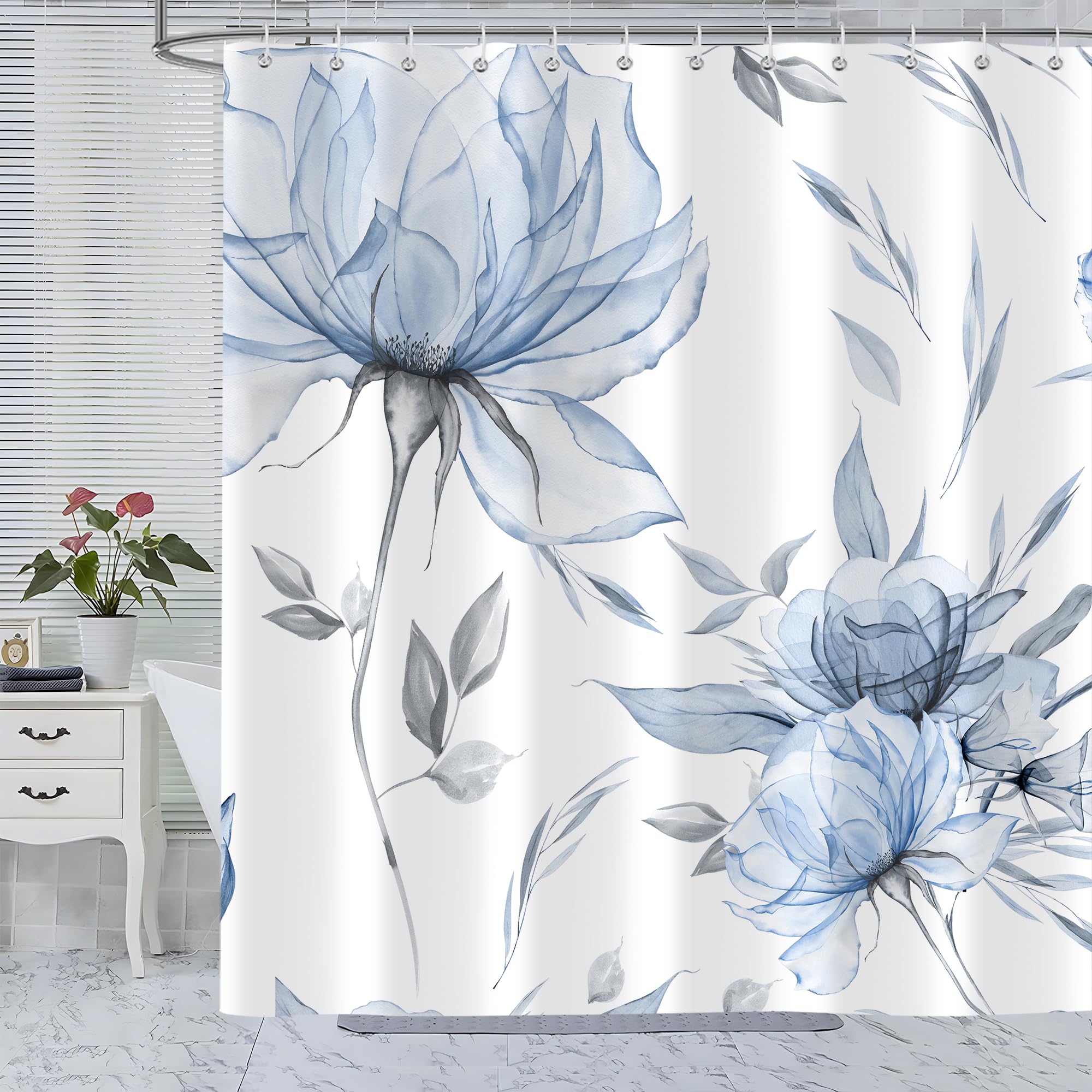 Photo 1 of (used) Blue Grey Watercolor Floral Shower Curtain, Flower Leaves Minimalist Aesthetic Art Shower Curtains for Bathroom Sets Decor