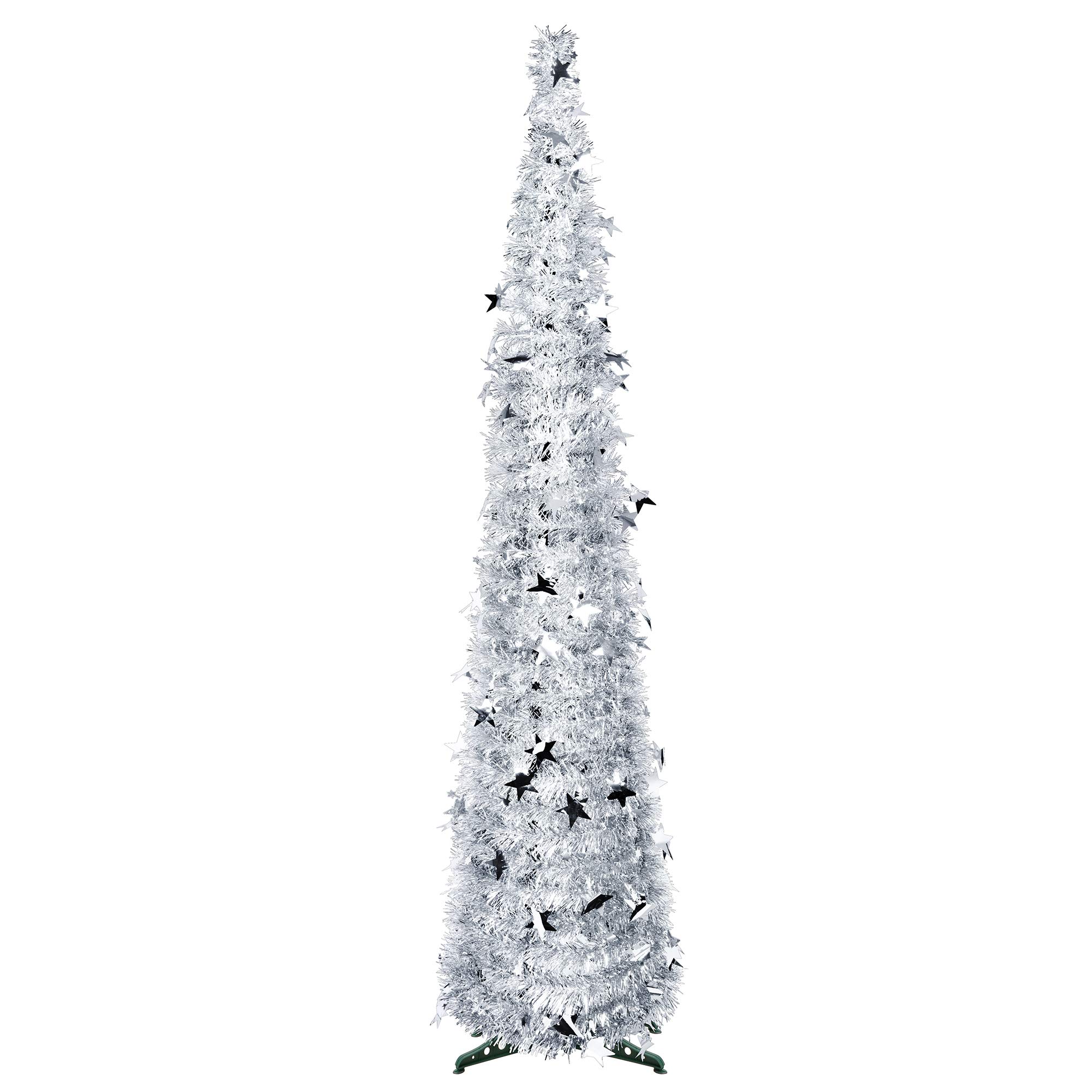 FINGOOO 5ft/1.5m Collapsible Christmas Tree Silver Tinsel Pop Up Coastal Christmas Tree for Holiday Xmas Decorations, Home Display, Office Decor