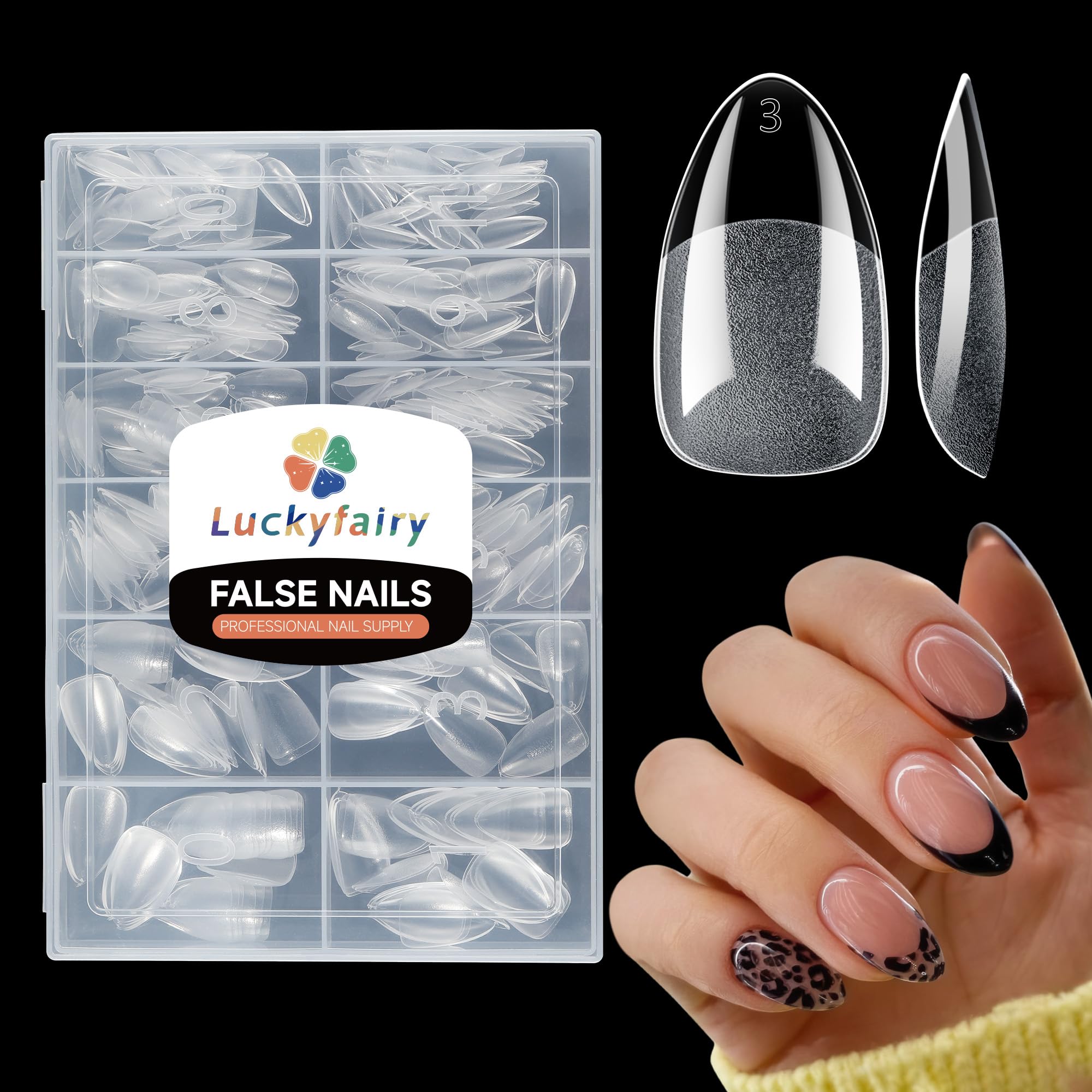 Photo 1 of Luckyfairy Short Almond Fake Nails, 360pcs Soft Gel Pre-Shaped Acrylic Nail Tips, Half Matte Full Cover Clear Gelly Press on Flase Nail Tips for Extension Nail Manicure Home DIY 12 Sizes Gelly Tips