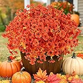 Artificial Fall Flowers Outdoor UV Resistant Fake Mums Bulk Outdoor Faux Mums Plants Plastic Flower Decorations for Home Garden Porch Hanging Planter Vase Autumn Decor Outside, 12 Bundles (Orange)