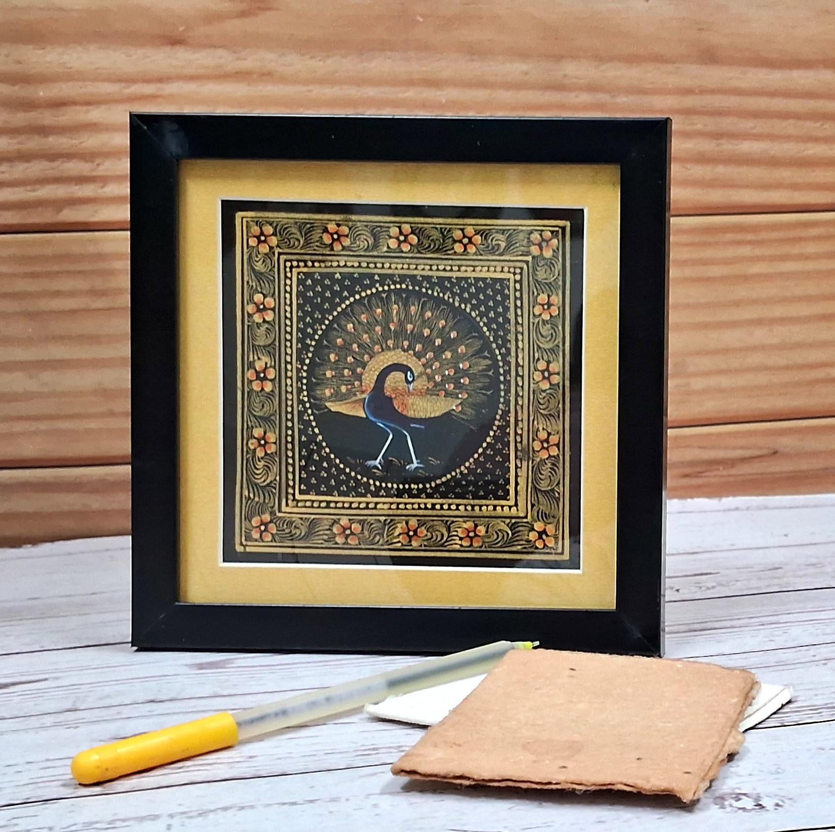 Purpledip Silk Cloth Painting Golden Pecock: Indian Rajasthani Intricate Artwork Framed For Table Top Or Wall Hanging; Collectible Miniature Art (12477)