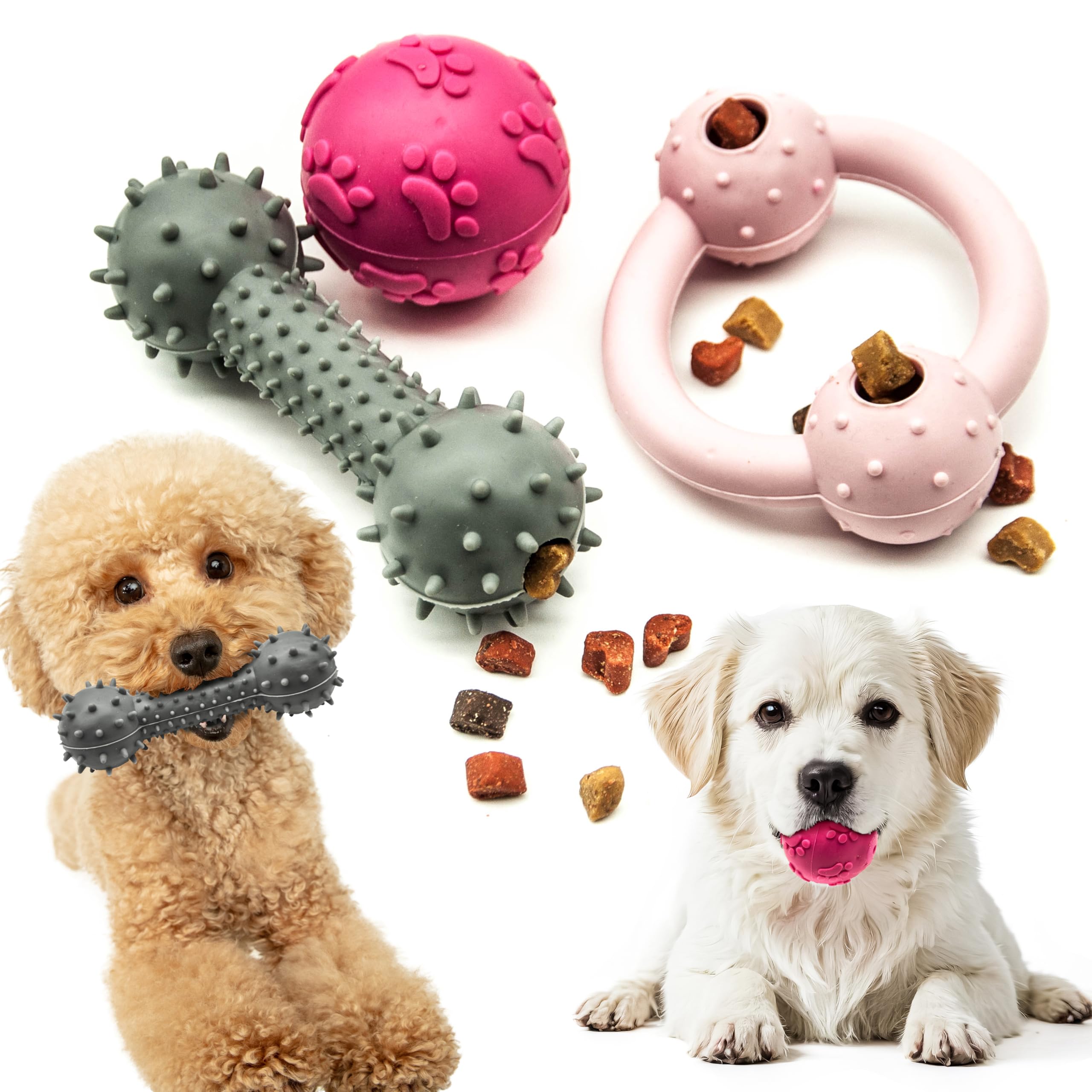 Petopedia Set of 3 – PUPPY TOYS, Chews, Squeaky Dog Balls Rubber – Treat Dispensing, Pup Teething Toy, Chew Bone – Interactive, Boredom Dogs Gifts & Presents – Ideal for Puppies (Pink)