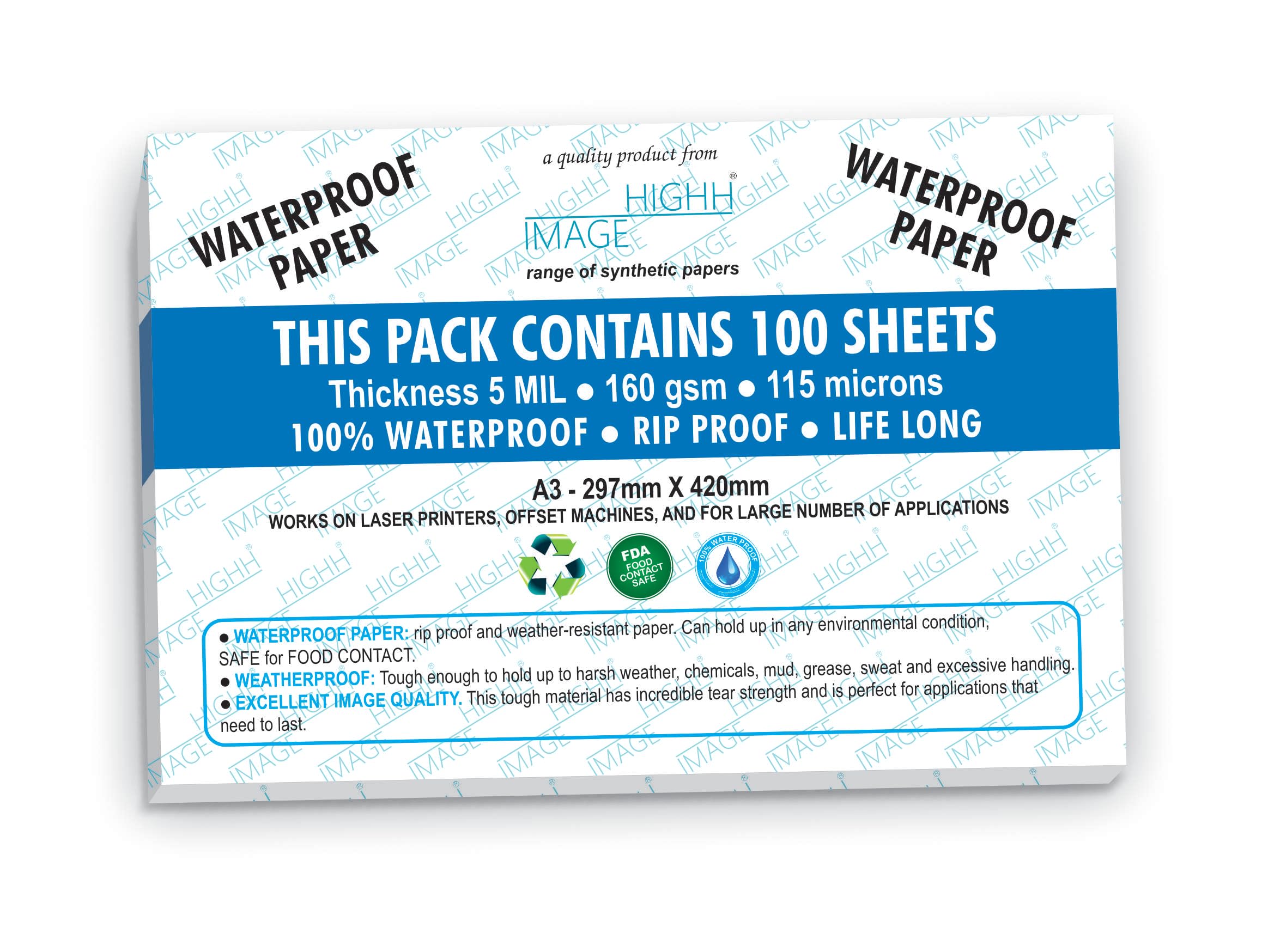 Waterproof Papers | Synthetic Paper, 100 Sheets A3, 160 GSM, 5 MIL | Laser Printer Paper