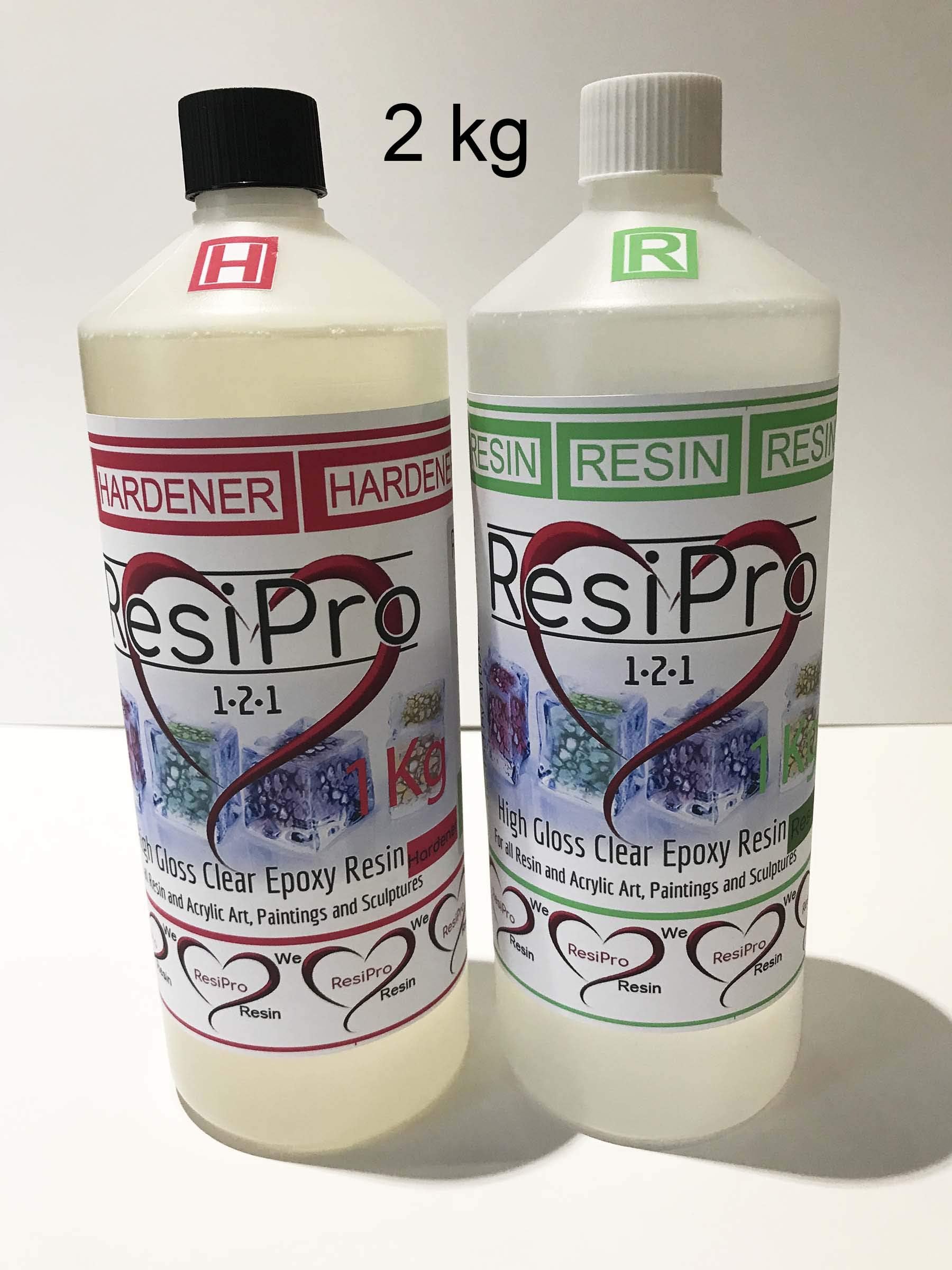 2Kg Epoxy Art Resin Adhesive Hardener Clear High Gloss Home and Art Projects Non Toxic Tested by Artists Easy to use 1:1 Mix Non Yellowing No Fumes Self Levelling Clear Coat Non Flammable ResiPro