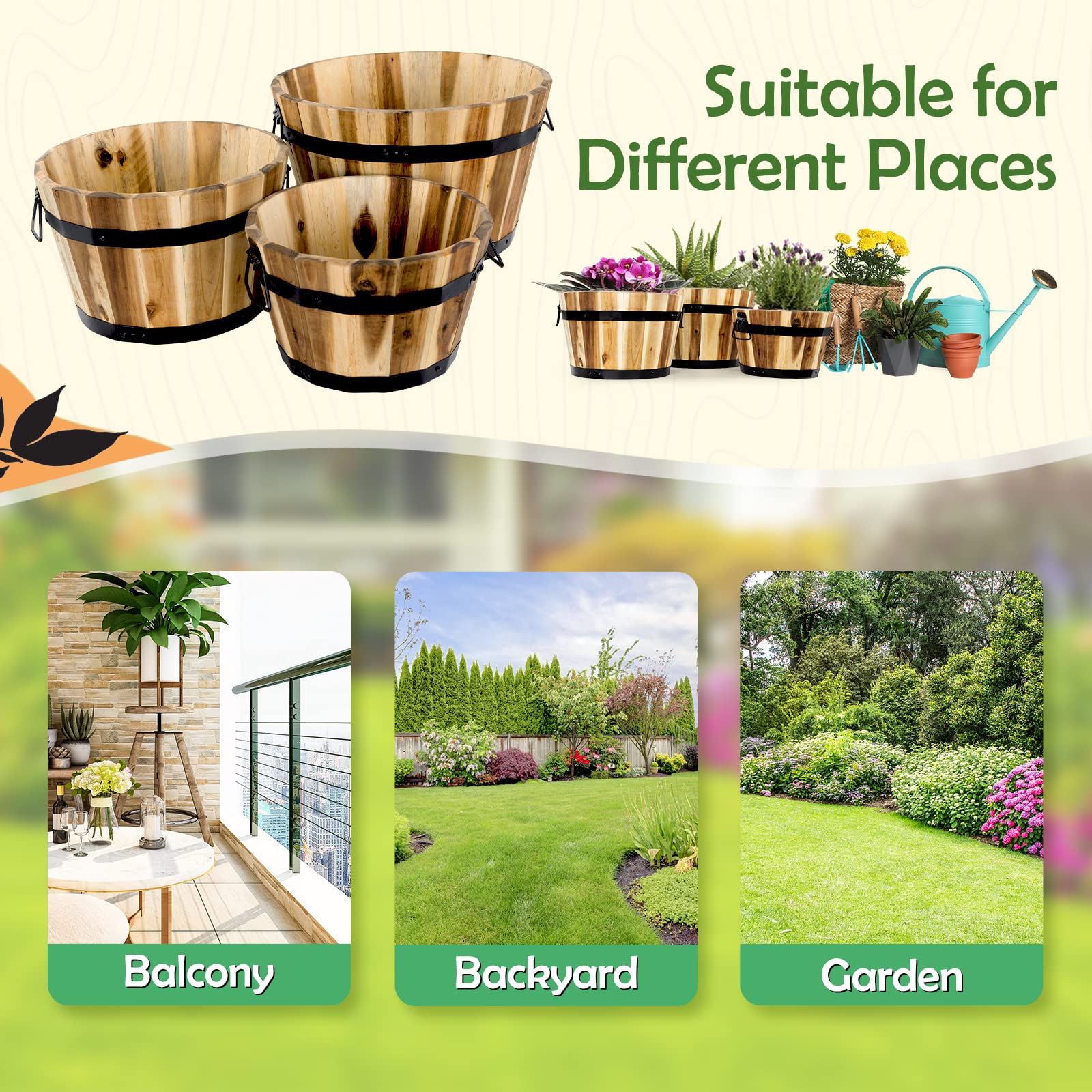 Idzo Set of 3 Wooden Flower Boxes Outdoor, Durable Acacia Wood Barrel Planters for Outdoor Plants with Ergonomic Handles, Drainage Holes, Multiple Sizes Wood Bucket Planter for Home Decor