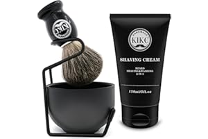 KIKC 5 in 1 Shaving Kit for Wet Shave, Set Includes Hand Crafted Pure Badger Shave Brush, Stainless Steel Lathering Soap Bowl, Shave Brush Stand, Shaving Cream, Best Gift for Bearded Man, Deluxe Black