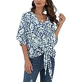VIISHOW Womens Tie Front Chiffon Blouses V Neck Batwing Short Sleeve Summer Tops Shirts