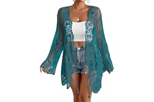 Bsubseach Women's Lace Kimono Lightweight Cardigan Mesh Open Front Back Cut Out Bathing Suit Cover Up Beachwear Swimsuit