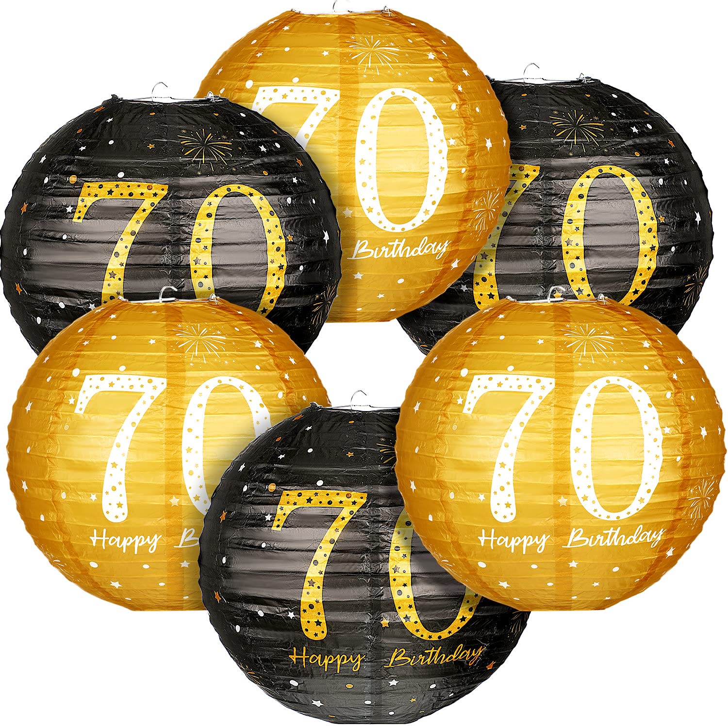 6 Pieces Birthday Party Decorations Hanging Paper Lanterns Black Gold Glittery Anniversary Party Birthday Sign Decorations for Men Women Teen Birthday Party Decorations Supplies (70th Style)