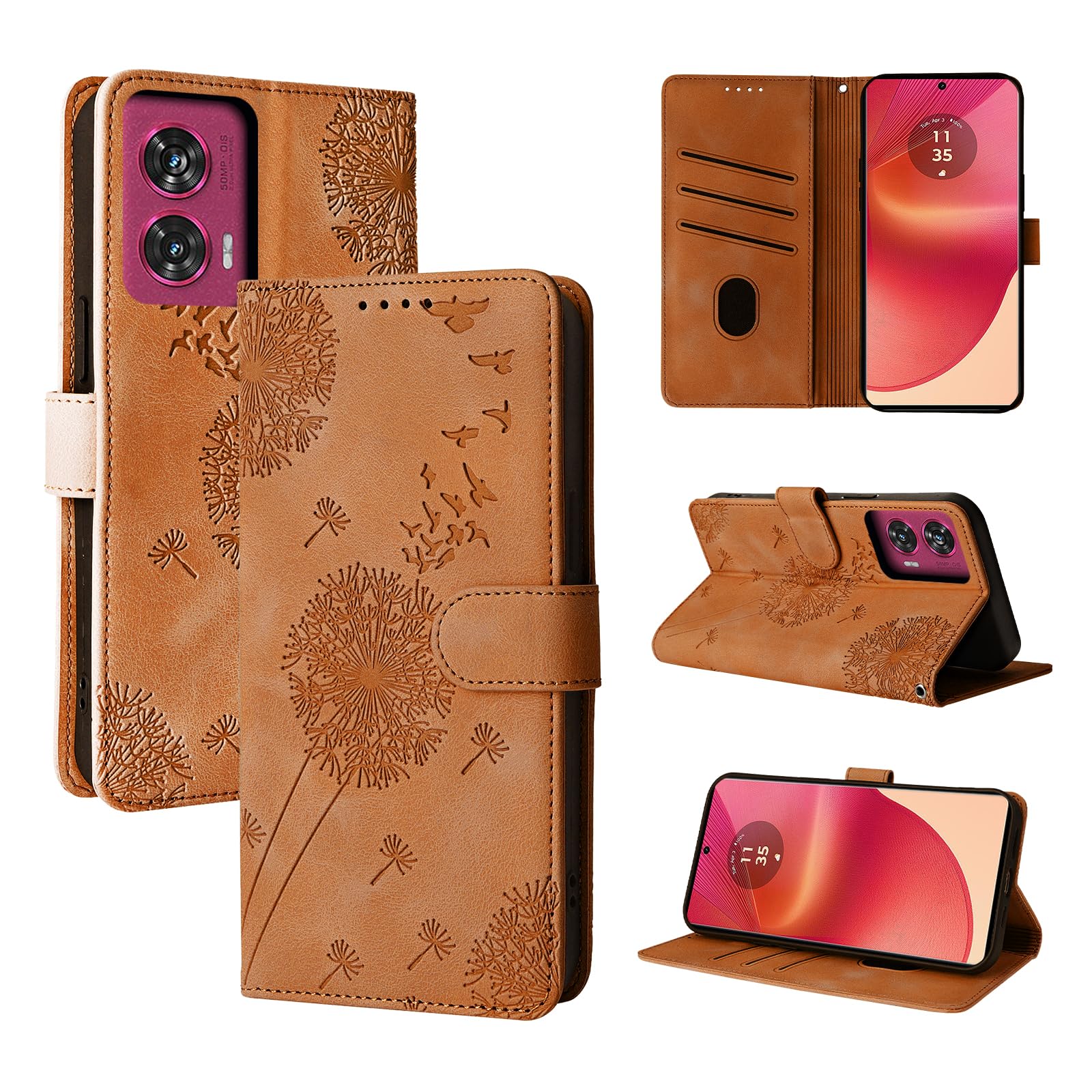 Rostsant Mobile Phone Case for Motorola Edge 50 Fusion Dandelion PU Leather Motorola Edge 50 Fusion Flip Case Wallet Case Magnetic Mobile Phone Case for Motorola Edge 50 Fusion Brown