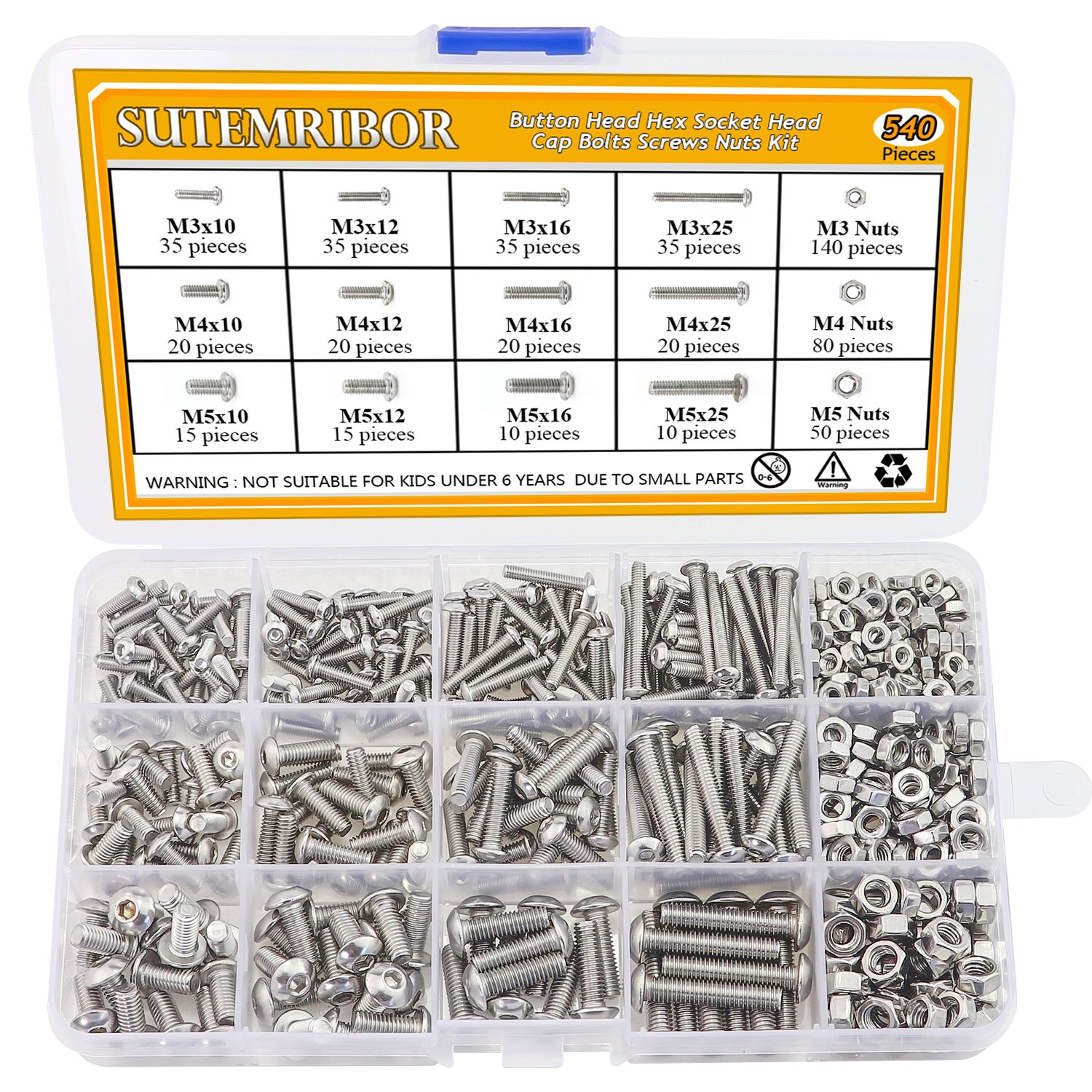 Sutemribor M3 M4 M5 Stainless Steel Button Head Hex Head Screws Nuts Assortment Kit 540pcs