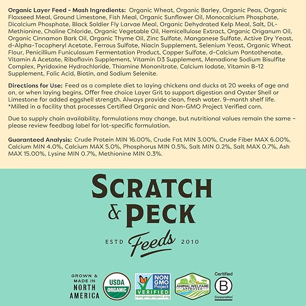 SCRATCH AND PECK FEEDS YOU ARE WHAT YOUR ANIMALS EAT NATURALLY FREE ORGANIC HERBS, LAYER GRIT, FEED FOR CHICKENS DUCKS – NON-GMO PROJECT VERIFIED, SOY CORN