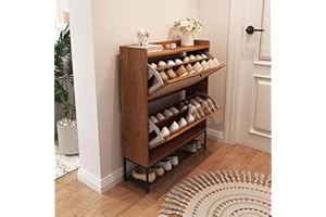 RUSTYER Narrow Shoe Storage Cabinet with 2 Flip Drawers, Freestanding Shoe Organizer Slim Shoe Cabinet Storage, Wooden Closed Shoe Rack for Entryway, Hallway, Living Room, Walnut