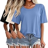 Ficerd 3 Pack Women's Oversized Half Sleeve T Shirt Crew Neck Elbow Length Tops Loose Fit Casual Summer Basic Tees