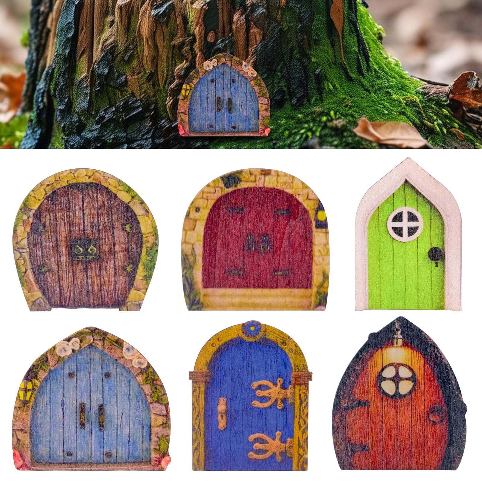 Cisolen 6 Pieces Fairy Door Wooden Miniature Garden Fairy Door for Tree Garden Decorations For Trees Yard Dollhouse