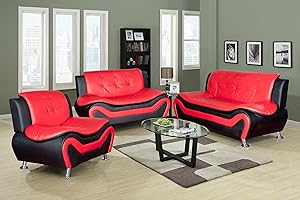 Beverly Fine Furniture Aldo ((3 Piece) Modern Sofa Set, Black/Red