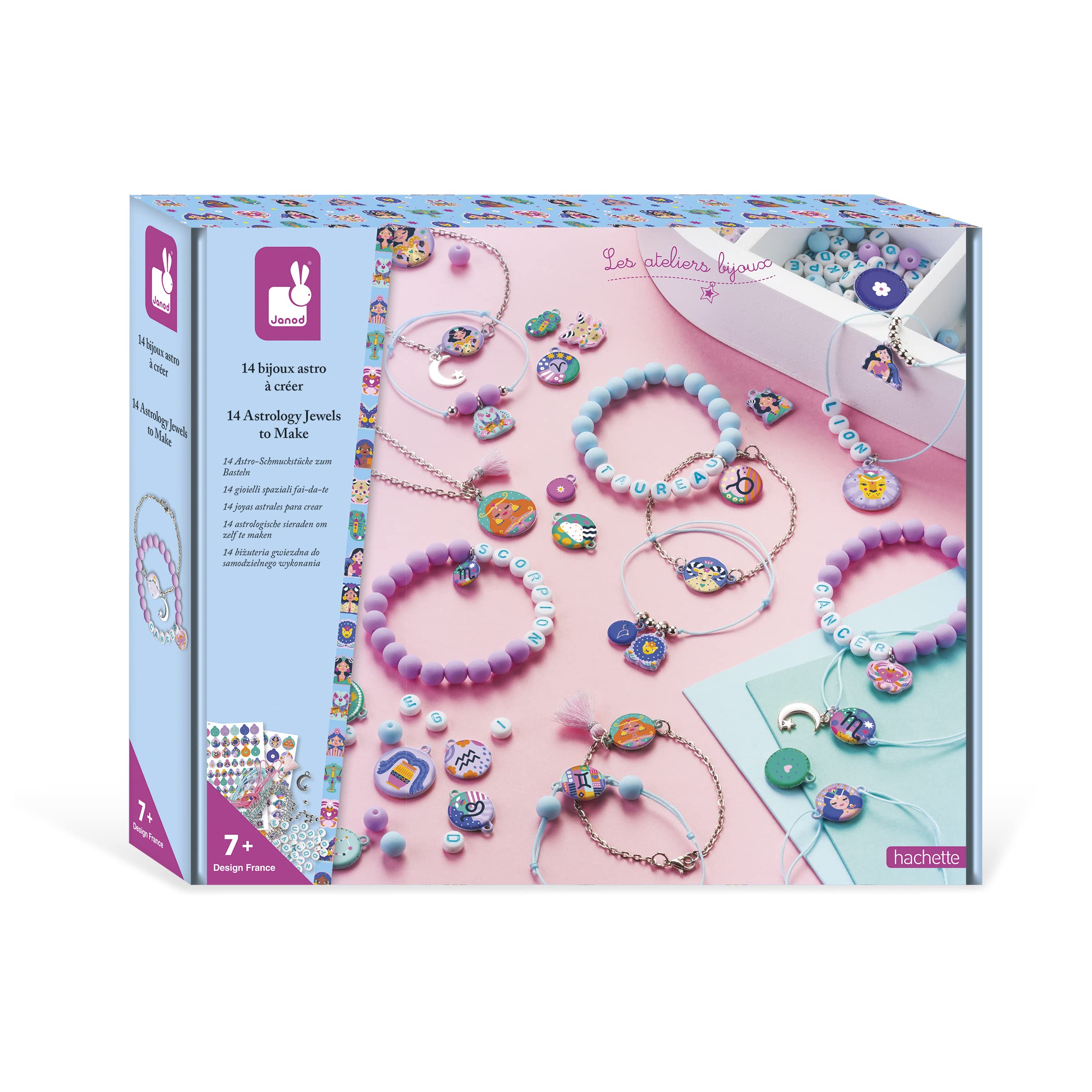 Janod - 14 Zodiac Sign Jewellery-Making Kit - Les Ateliers Bijoux - Children’s Arts & Crafts Kit - Make 12 Bracelets + 2 Necklaces - Fine Motor Skills & Creativity - 7 Years and Up - J07995