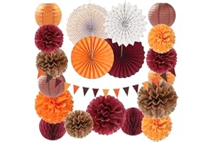 Burgundy Brown-Orange Baby-Shower Boho Party-Decorations - 20pcs Fall Autumn Paper Lanterns Fans,Tissue Pom Poms,Honeycomb Balls,Wedding Birthday Bridal Harvest Thanksgiving Festival Decor Burgleda