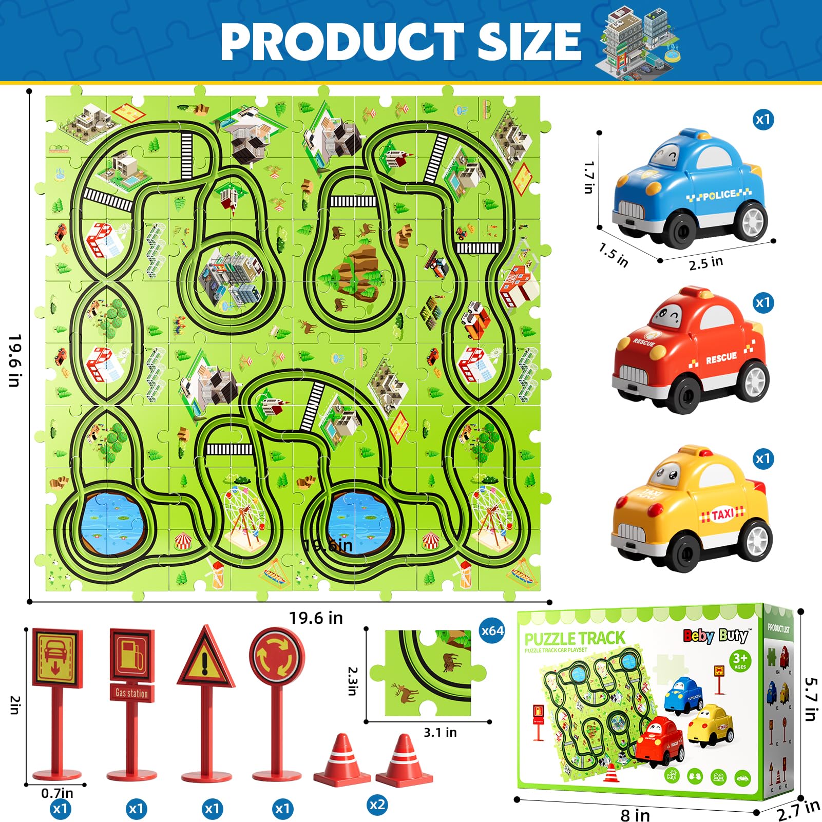 64 Pc Puzzle Race Track Car Set Toys for Kids, Toddler Gifts for 3-5 Year Olds, Ideal 3-6 Year Old Boys Birthday Gifts