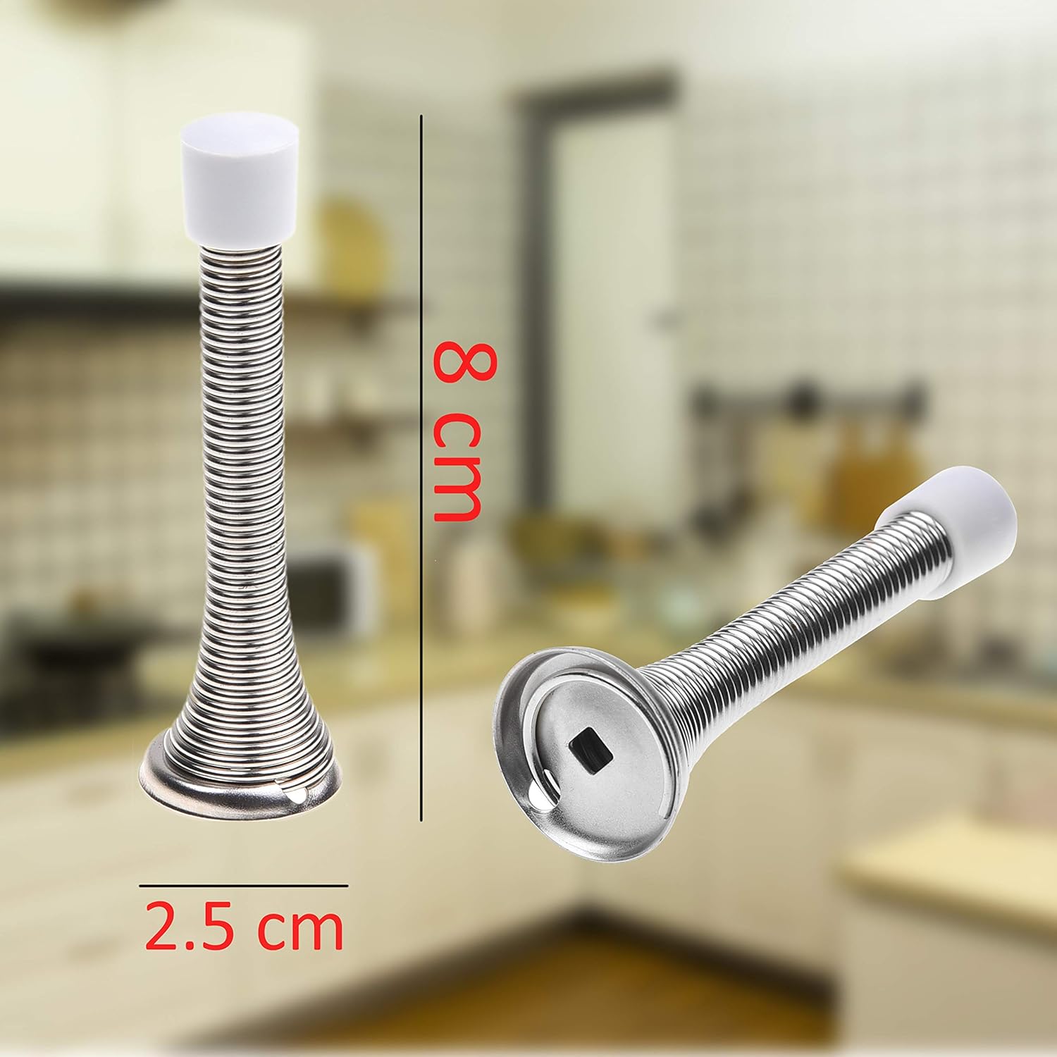 Kare & Kind 4X Spring Door Stoppers (Silver), Screw-in Flexible Steel Stoppers with White Rubber Bumper Tips - Image 3
