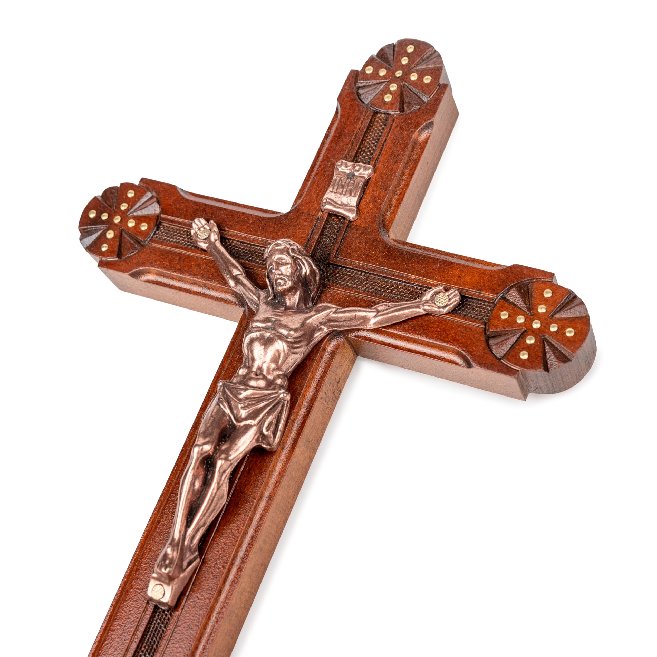 Woodvio - Handcrafted wooden wall cross, Hand carved finish, Catholic crucifix