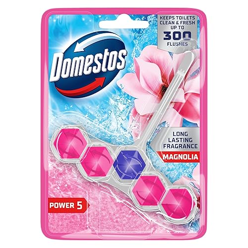 Domestos Power 5 Magnolia Toilet Rim Block toilet freshener with a long-lasting fragrance cleans and freshens for up to 300 flushes 50 g