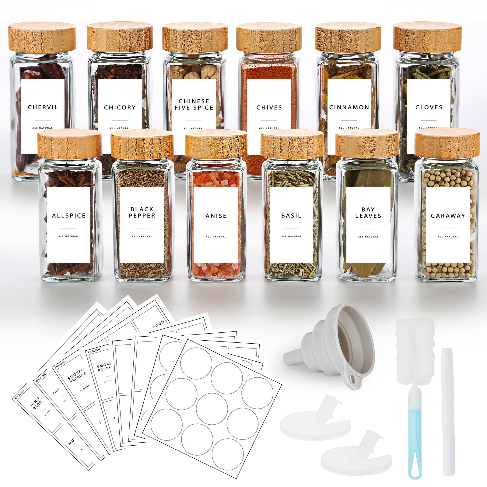 Vmglgig 12 Spice Jar, 120ml Kitchen Glass Spice Jars with Bamboo Lids,Spice Bottles for Home Kitchen Spice, Spice Containers with 246 Label, Pen, Hose Brush, Silicone Funnels (12)