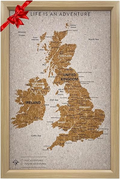 Splosh Travel Map UK Pin Board in White Wooden Frame with 100 Pins