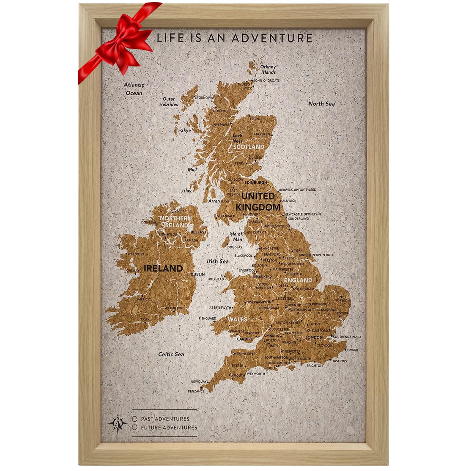Splosh Travel Map - UK Map Pin Board in White Wooden Frame Travel Pin Board with 100 Pins in 2 Colours to Personalise and Mark Your Past and Future Adventures Push Pin UK Map