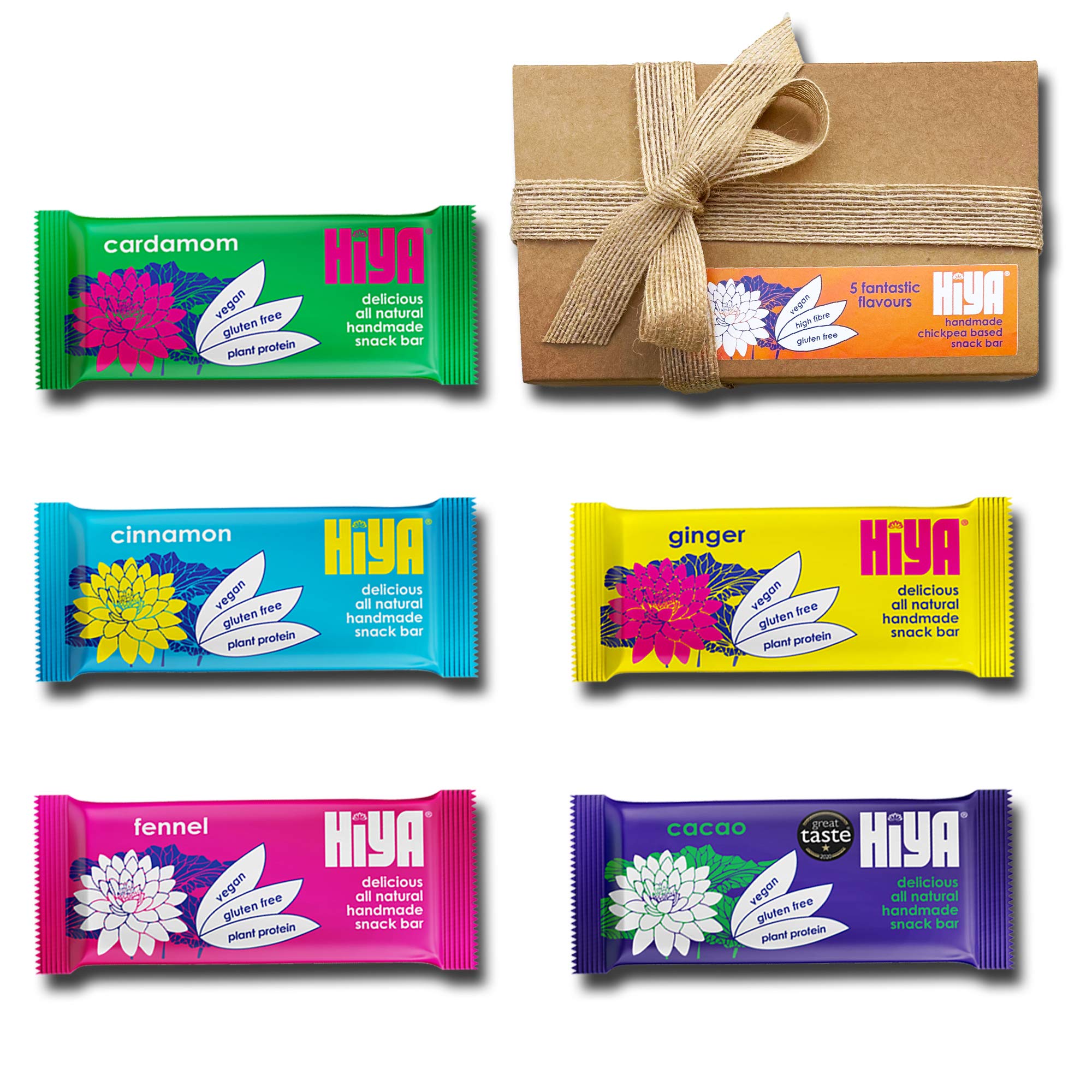 Hiya Snack Bars, Gift Box, All Natural Vegan Snack, High Fibre, Gluten Free, Low GI, Chickpea Based (5 bars)