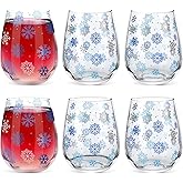 Singhoow 6 Pcs Snowflake Wine Glasses Set 19 oz Winter Stemless Drinking Glasses Blue and White Snowflake Wine Glass Holiday Tumbler Cups for Winter Gifts Coffee Tea Party Supplies