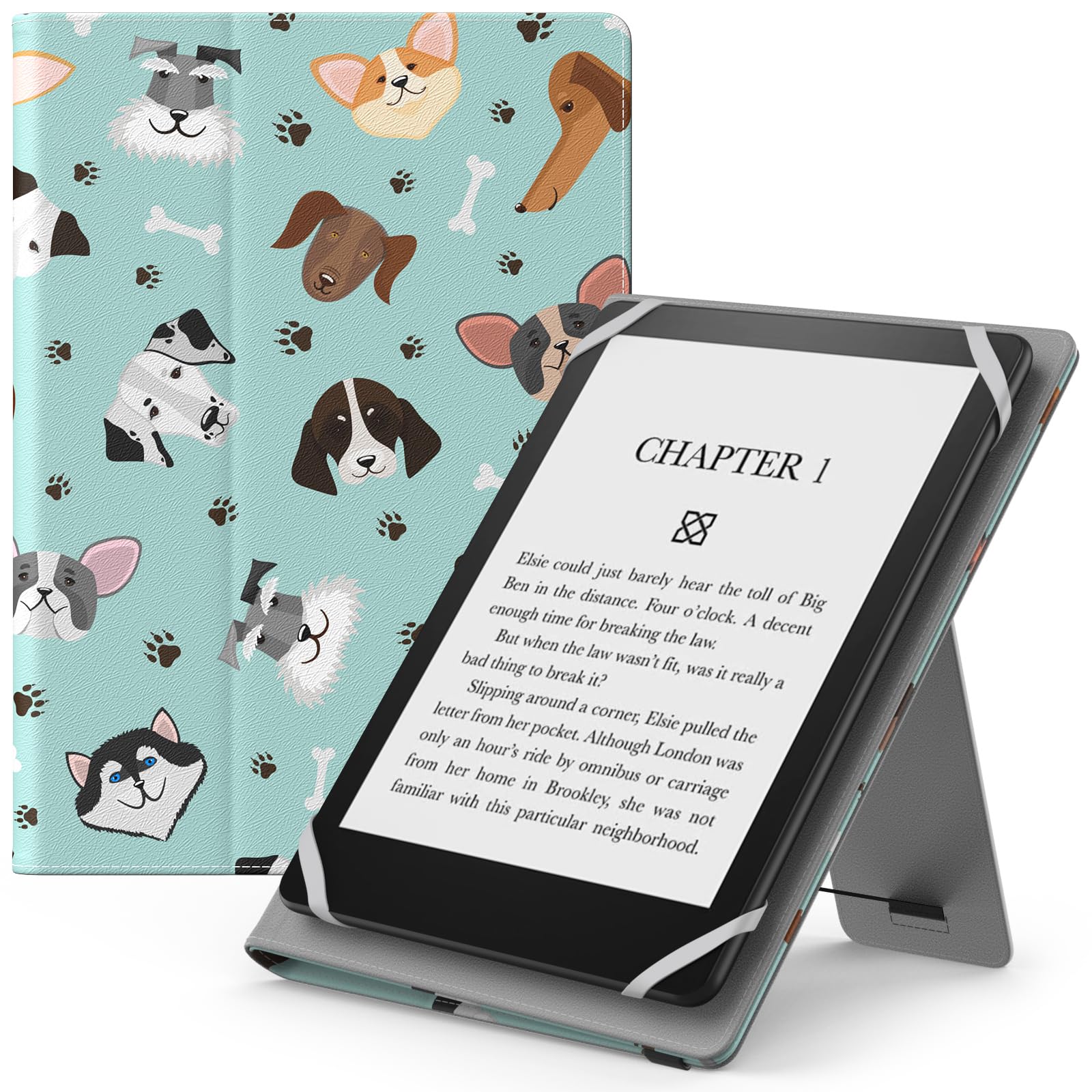 MoKo Universal Case for 6",6.8",7" eReaders Fire Tablet- Kindle/Kobo/Voyaga/Lenovo/Sony E-Book, Lightweight PU Leather Folio Shell Cover Case, with Hand Strap/Kickstand, Multiple Dog — image 1