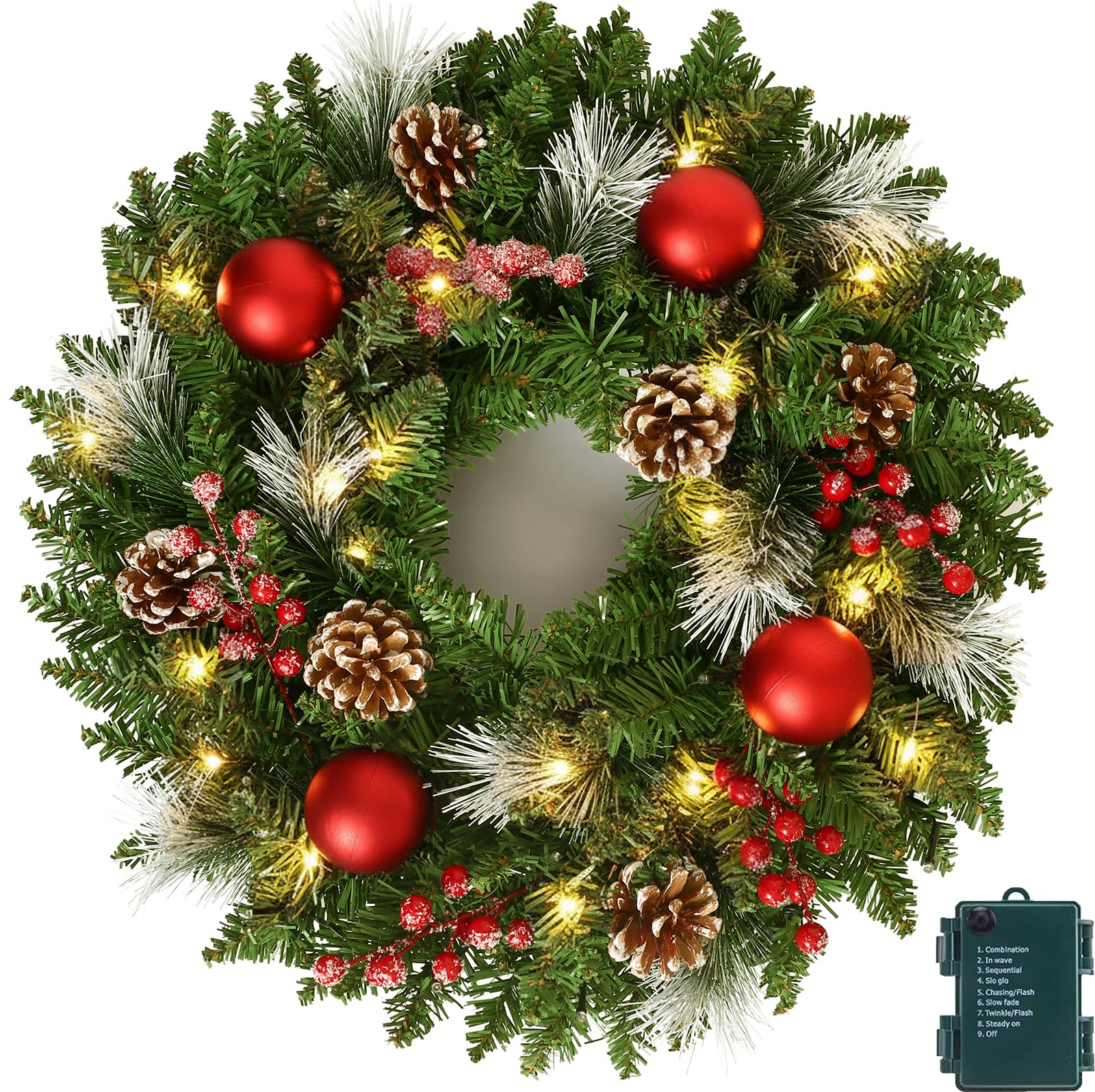Photo 1 of 20 Inch Pre- Artificial Christmas Wreath for Front Door, Christmas Door Decorations Wreath with LED Warm Lights, Balls, Pine Needles, and Red Berries Wall Windows Ornament