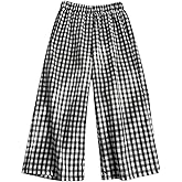 SweatyRocks Girl's Elastic Waist Plaid Print Wide Leg Linen Pants Loose Long Trousers