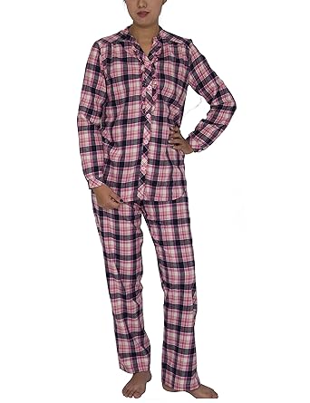 Raikou Damen-Baumwolle Plaid Pyjama Set Langarm Knopf nach unten Flanell Lounge Nachtwäsche