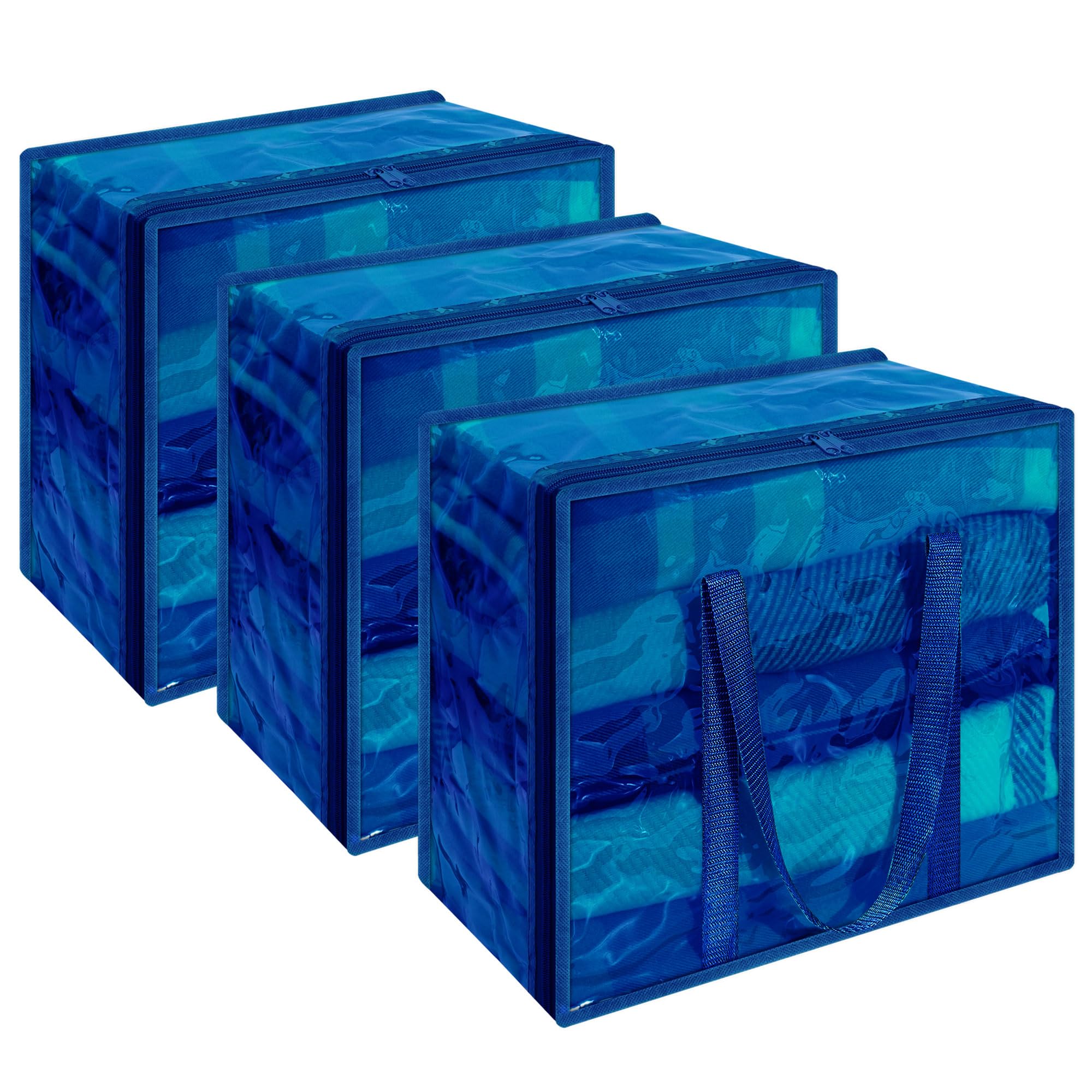 Vieshful 3 Pack Clear Storage Bags Clothes Storage Bags with Zips 40L Transparent Underbed Storage for Clothing, Blankets, Duvet, Pillow, Blue