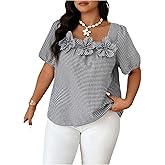 OYOANGLE Women's Plus Size 3D Floral Puff Short Sleeve Plaid Blouse Square Neck Summer Dressy Tops