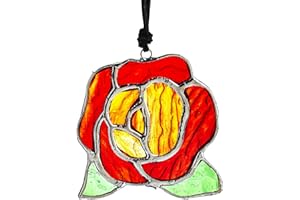 KRISININE Handmade Stained Glass Rose Sun Catcher Glass Panel for Garden Outdoor Indoor Window Hanging Decoration Valentine's Day Gifts for Her
