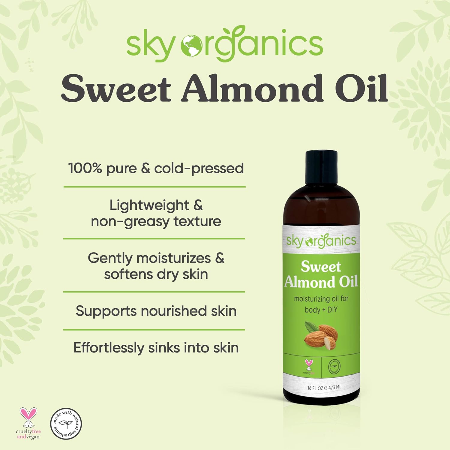 Sweet Almond Oil by Sky Organics (Large 16oz) Pure Cold-Pressed Almond Face Oil Moisturizing Oil for Body Skin & Hair : Beauty