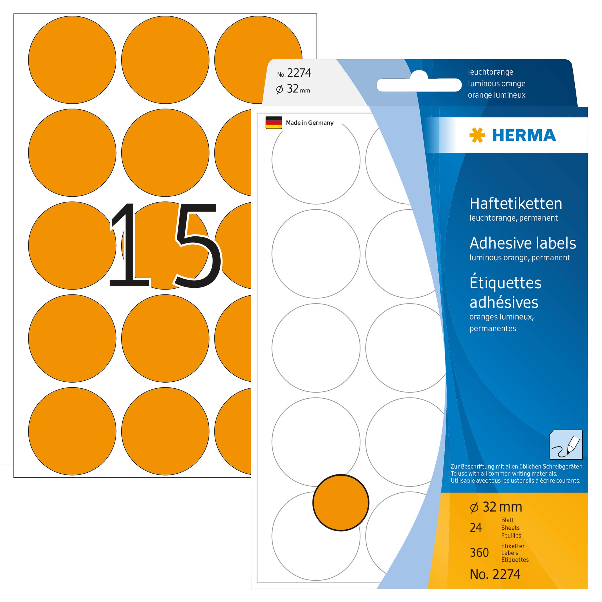 HERMA Dot Stickers Luminous Orange, 360 Labels, Ø 32 mm, 15 Labels per Sheet, Self Adhesive Round Colour Labels Stickers, Blank Marking Dots, Sticky Circle Stickers for Color Coding Calendar