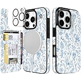 uCOLOR for iPhone 16 Pro Wallet Case Magsafe with Card Holder Slot【Compatible with MagSafe】 Folio Flip PU Leather Design with Camera Lens Protector 6.3"(Blue Toile Flowers)