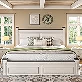 Homkdom King Size Bed Frame with 51&rdquo; Tall Headboard and 2 Drawers,White | Wooden,900 lbs steel support,No box spring needed,Couples,Families,Master bedroom,Noise-free,Modern