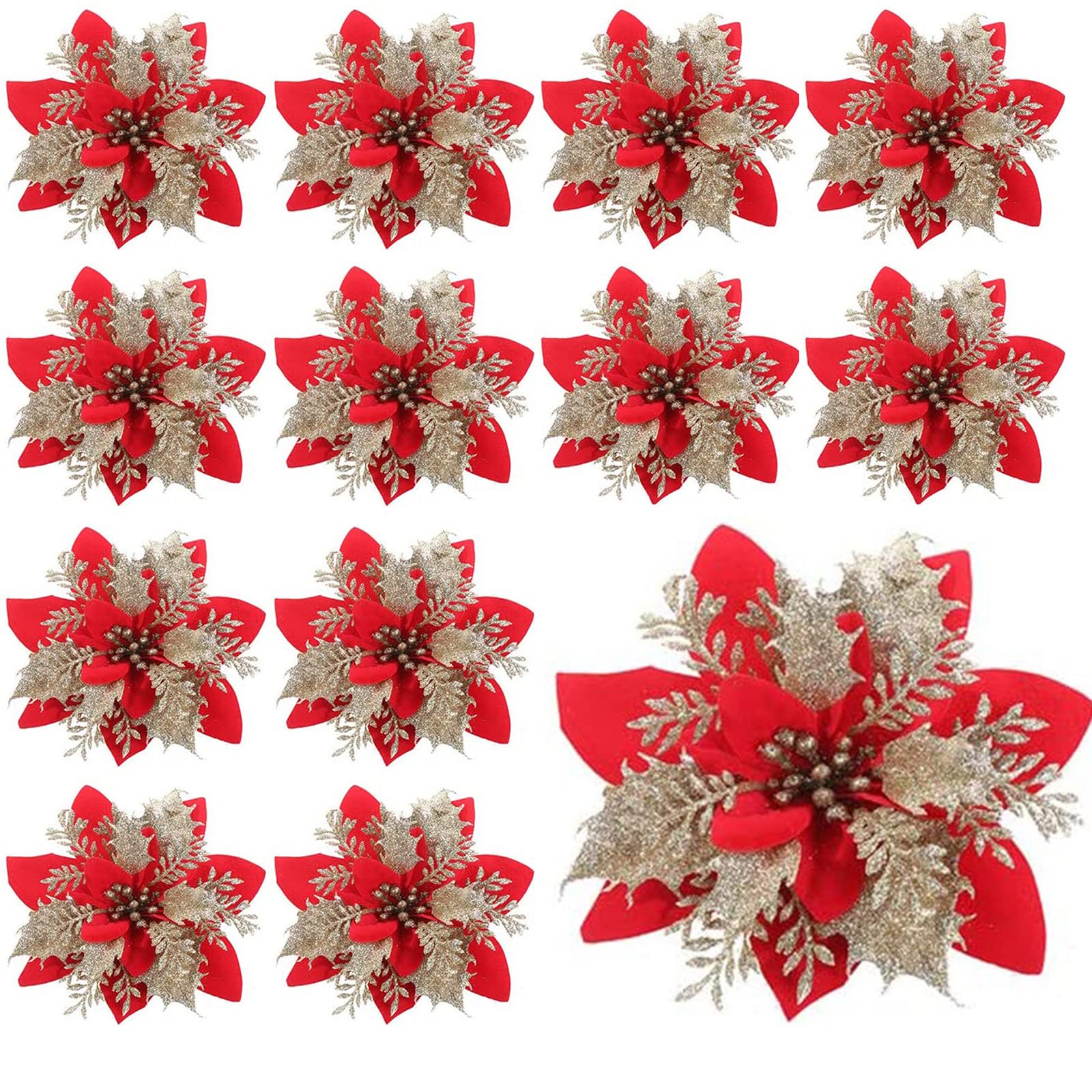 Yukiyi 12 Large Red Gold Poinsettia Artificial Flowers - 5.5 Inches - Christmas Tree Decorations & Xmas Wreaths DIY Supplies