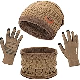 MAYLISACC Winter Knit Beanie Hat Neck Warmer Scarf and Touch Screen Gloves Set 3 Pcs Fleece Lined Skull Cap for Men Women